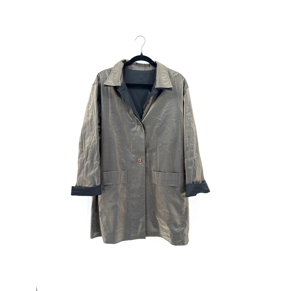 Carol Cohen Coat Women L Champagne Gray Reversible Trench CS 502 Metallic Chic